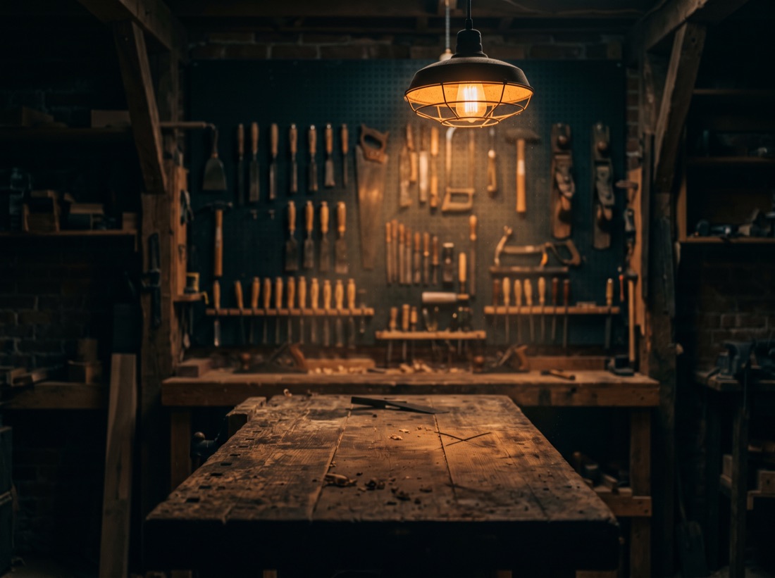 Dunkle Werkstatt bei Nacht mit Werkzeugwand und warmer Lampe über der Werkbank