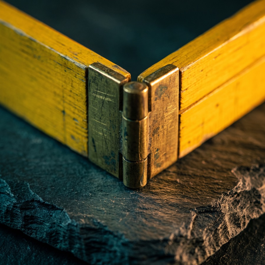 Nahaufnahme des Messinggelenks eines gelben Zollstocks auf Schiefer