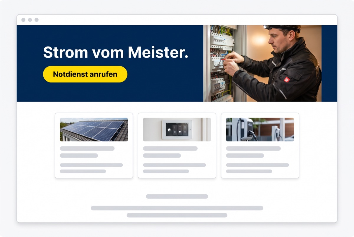 Entwurf einer Website für einen Elektrobetrieb: dunkelblauer Kopfbereich mit der Überschrift „Strom vom Meister